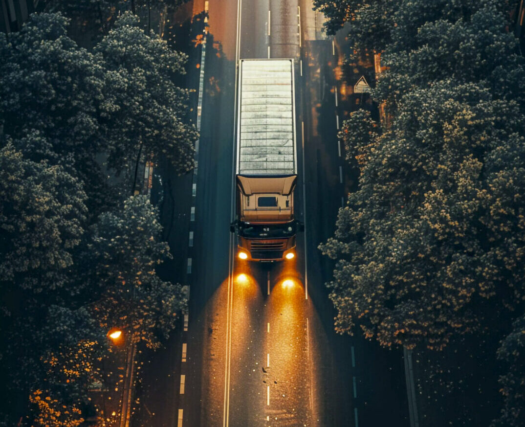 operacion-de-camiones-y-logistica-al-anochecer Operacion de camiones y logistica al anochecer